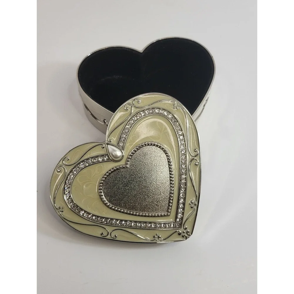 Things Remembered Heart Jewelry Box Silver Tone Rhinestone Enamel Photo Lid